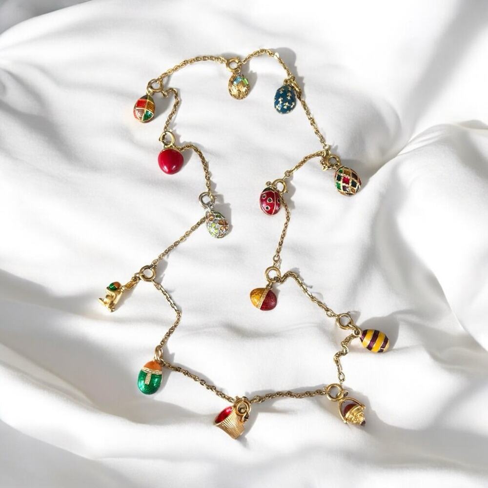Joan Rivers Fabergé Egg Charm Necklace 13 Charms Gold Tone 28”